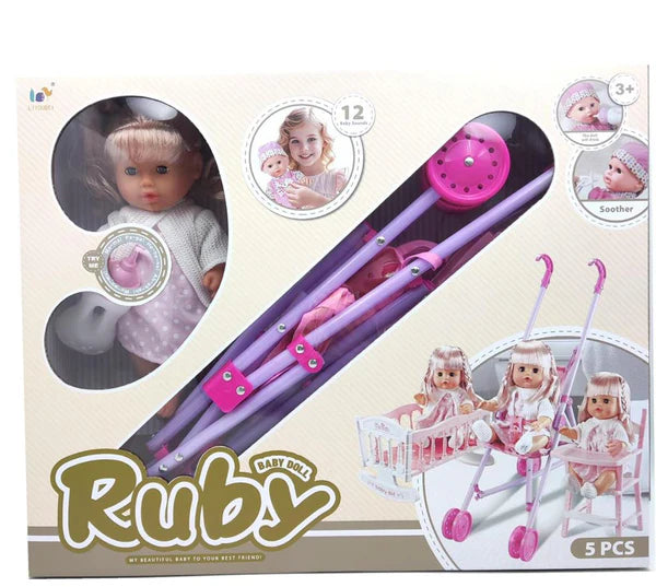 Ruby Baby Doll Set with Stroller – 5 PCS